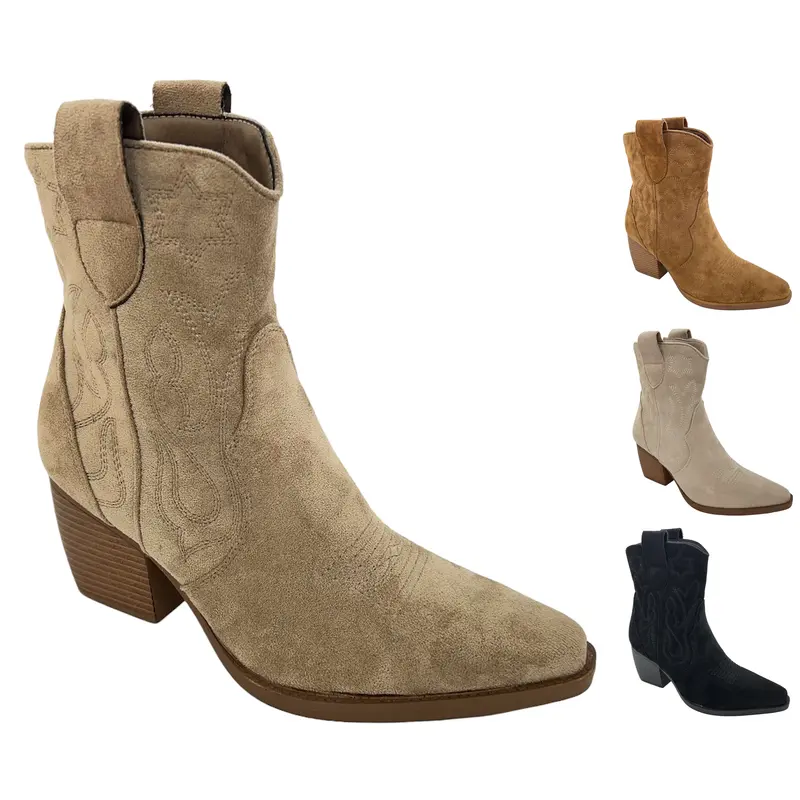 SAINT VINNA Women Faux Suede Zip Up  Embroidered Low Heel Mid Calf Cowboy Boots Girls Comfortable Footwear Classic Stylish 0