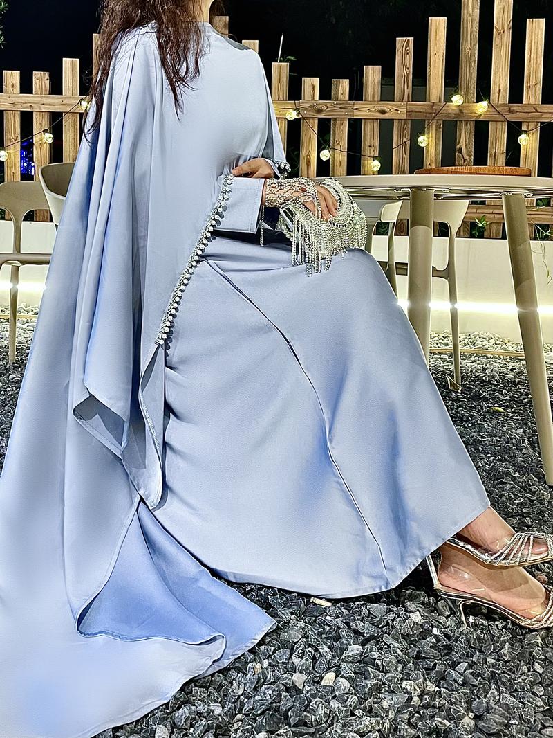 Product Introduction of 2025 Ramadan Promotion Two- piece Satin cape elegant dress , occasion abaya , Modest dress with pearl and crystal 27