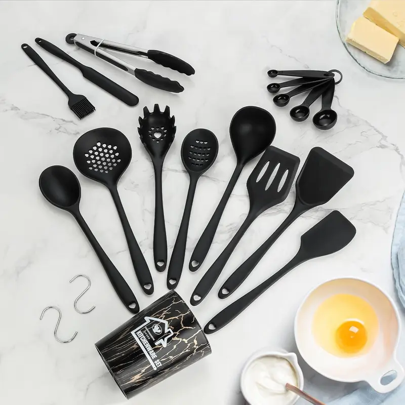 Kitchen Utensils Set, 36 PCS Silicone Cooking Utensils for Non-Stick Cookware, Heat Proof Kitchen Cooking Tools, Spoons Turners Spatula Ladle Set, Black Kitchen Accessories 5