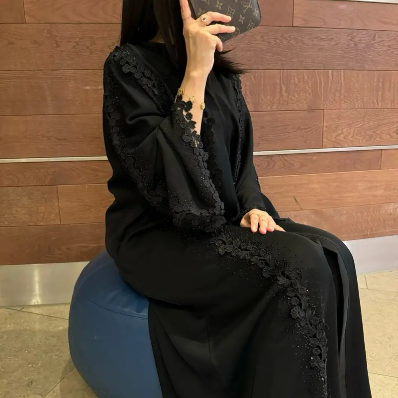Amaal Elegant Black Lace Abaya with Matching Scarf, Size 50-62 4