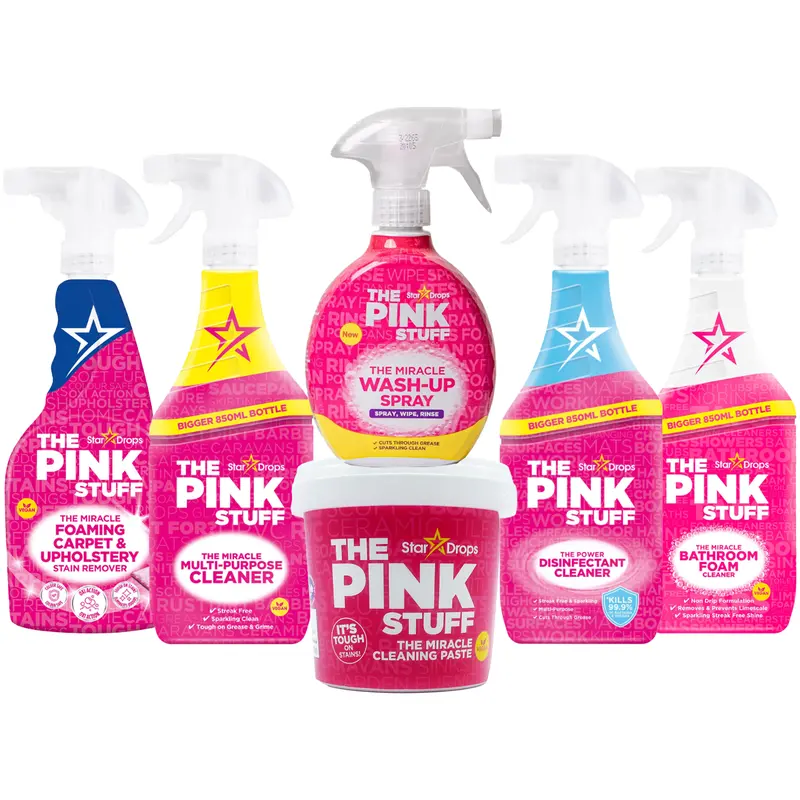 Pink Stuff 6-Item Cleaning Bundle Gift Set Carpet & Upholstery Cleaner 500ml Multi-Purpose Cleaner 850ml Miracle Wash-Up Spray 500ml All-Purpose Paste 850g Disinfectant 850ml Bathroom Cleaner 850ml Powerful Household Cleaning Essentials 0