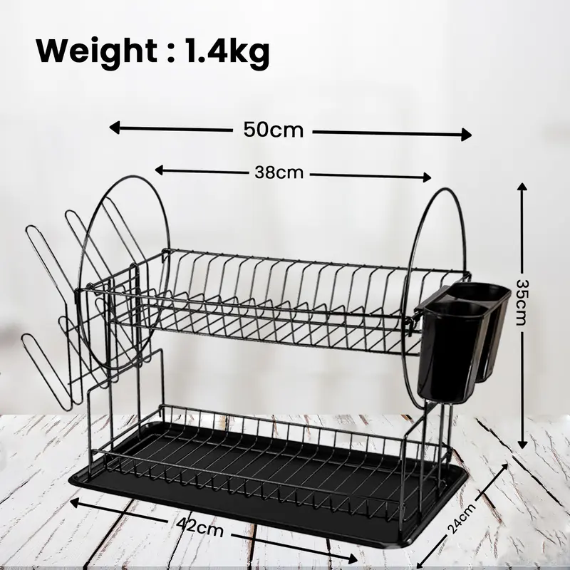 2 Tier Black Dish Drainer Rack with Drip Tray Stainless Steel Draining Dish drainer with Draining Board and Utensils Holder Dish Drying Rack for Small Kitchen Counter top Organiser draining rack Room Room 6
