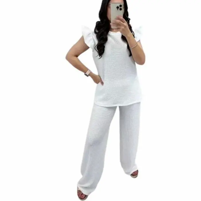 Women's Loungewear- Pop Corn Fabric Frill Short Sleeve Top and Palazo Trousers - UK Size 8-20 -Comfortable Set Womenswear 2