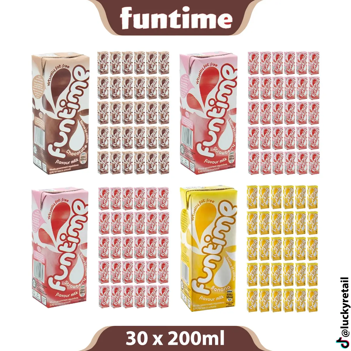 Funtime 30 Pack (30 x 200ml) | Milk Chocolate, Banana & Strawberry Flavour | Flavored Milk Drinks | Rich in Calcium, Low Fat