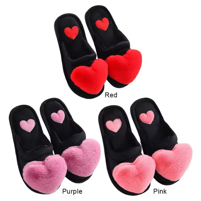 Women's Plush Heart Slippers - Fuzzy, Non-Slip Slip-on House Shoes - Girl, Footwear Comfort Flat Soft Flipflop Slide 2