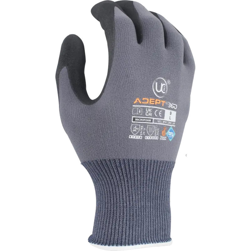 Adept 360 Microfoam Palm Grey Gloves Touchscreen Compatible Gloves Abrasion Resistant Builders Gardeners Aerospace Engineers Automotive Safety Work Gloves 1 Pair / 10 Pairs 1