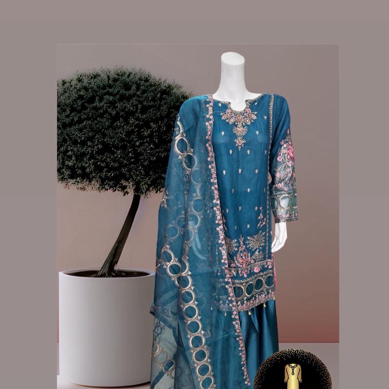 Beautiful Party Wear Chiffon Fabric Embroidered 3pc Suit With Soft Net Dupatta & Plain Silk Gharara Womenswear 4