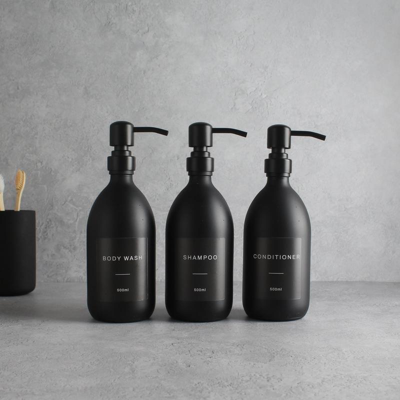 Body Wash, Shampoo & Conditioner Matte Black Glass Set Labelled Bottle Lotion Pump Dispenser for Bathroom 1