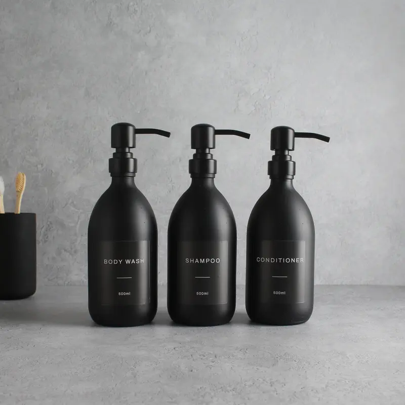 Body Wash, Shampoo & Conditioner Matte Black Glass Set Labelled Bottle Lotion Pump Dispenser for Bathroom 1