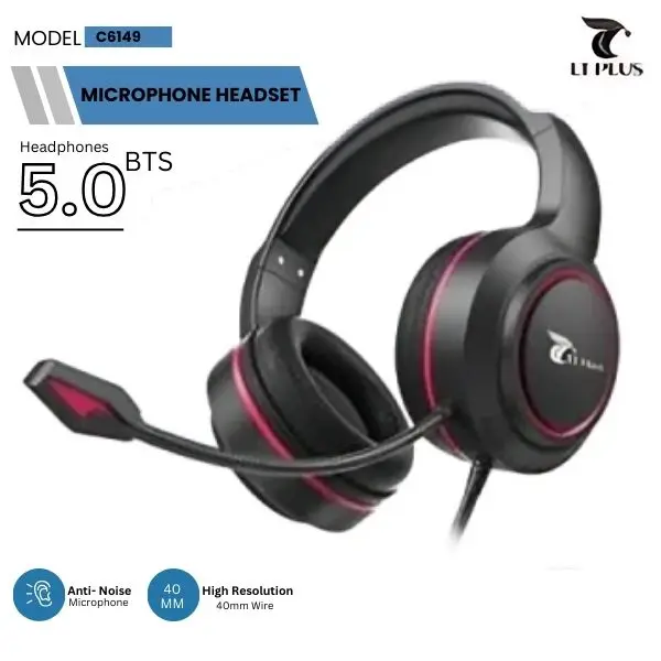 LT PLUS C6149 Gaming HD Headset with MIC, Advanced 5.0 Bluetooth, Anti-Noise Microphone, 40mm Audio Drivers, Multi-Device Compatibility, Ergonomic Design for Long Use, Perfect for Gaming, Video Calls, and Music, Red and Black Headphone Electronic Earbud