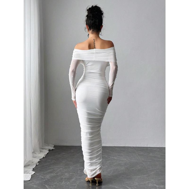 Firerie Women's Elegant White Open Shoulder Pearl Decor Ruched Slim Fit Maxi Dress, Graceful And Romantic For Party, Valentine's Day Fabric Formal 1