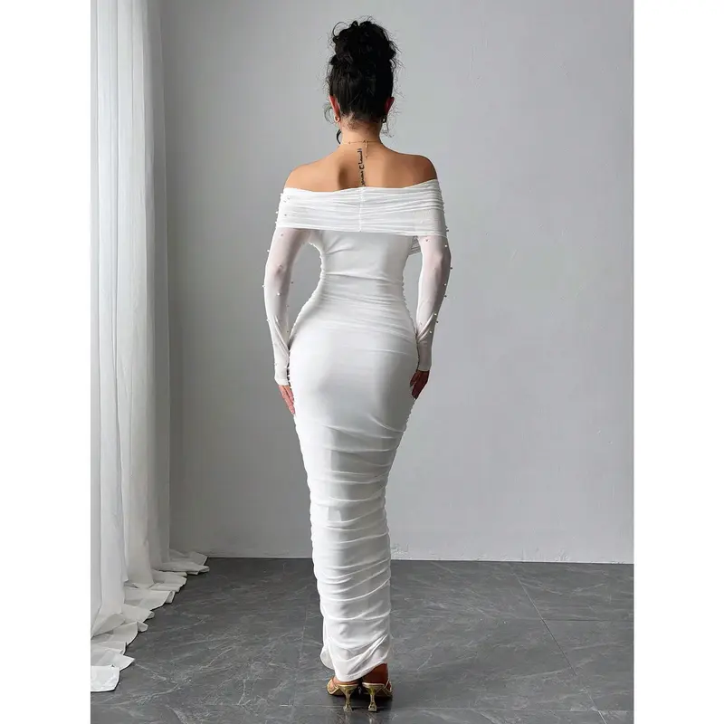 Firerie Women's Elegant White Open Shoulder Pearl Decor Ruched Slim Fit Maxi Dress, Graceful And Romantic For Party, Valentine's Day Fabric Formal 1
