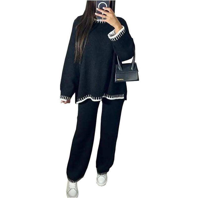 Womens Knitted Lounge Wear Ladies Wide Leg Palazzo Top Tracksuit 2 Pcs Co Ord Set 2