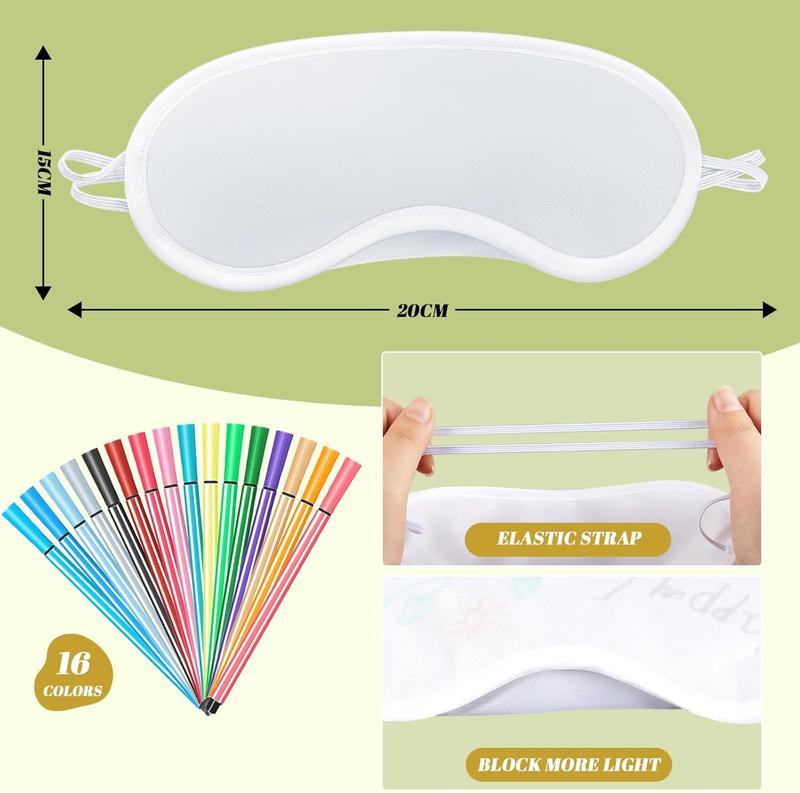 16 Pieces White Eye Masks Sublimation Masks Sleep Shade Blindfold Eye Covering Color Your Own Covering with 16 Fabric Marker Pens and a Bag DIY for Travel Game Sleepover Party Supply(White) 4