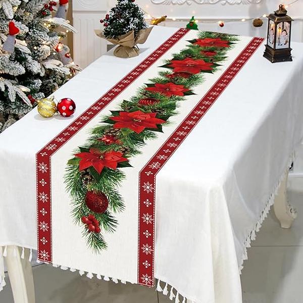 Red Christmas Table Runner 183 x 33cm, Christmas Table Runner Safflower, Red Linen Table Runner with Red Flower Christmas Tree Bells Print Table Runner for Xmas Santa Table Centrepiece Decorations 4