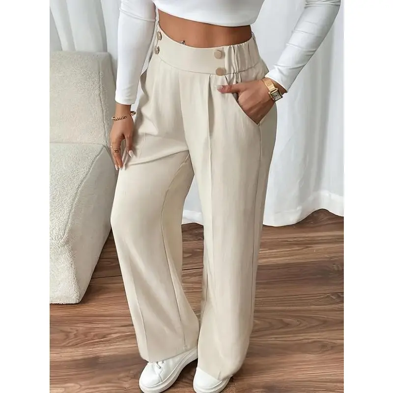 Women's High-Waisted Straight-Leg Pants- Elegant Double-Breasted Button Design, Solid Color Casual Trousers in Polyester-Spandex Blend, All-Season Regular Fit with Elastic Waistband, Perfect for Office, Casual Outwear, or Everyday Wear, Comfort Womenswear