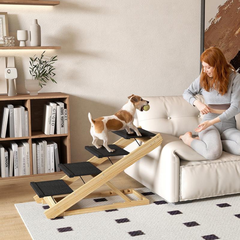 PawHut Adjustable Dog Steps Dog Ramp, 4-Step Non-slip Pet Stairs for Large Sized Dogs, Foldable Dog Stairs for Bed Sofa 1