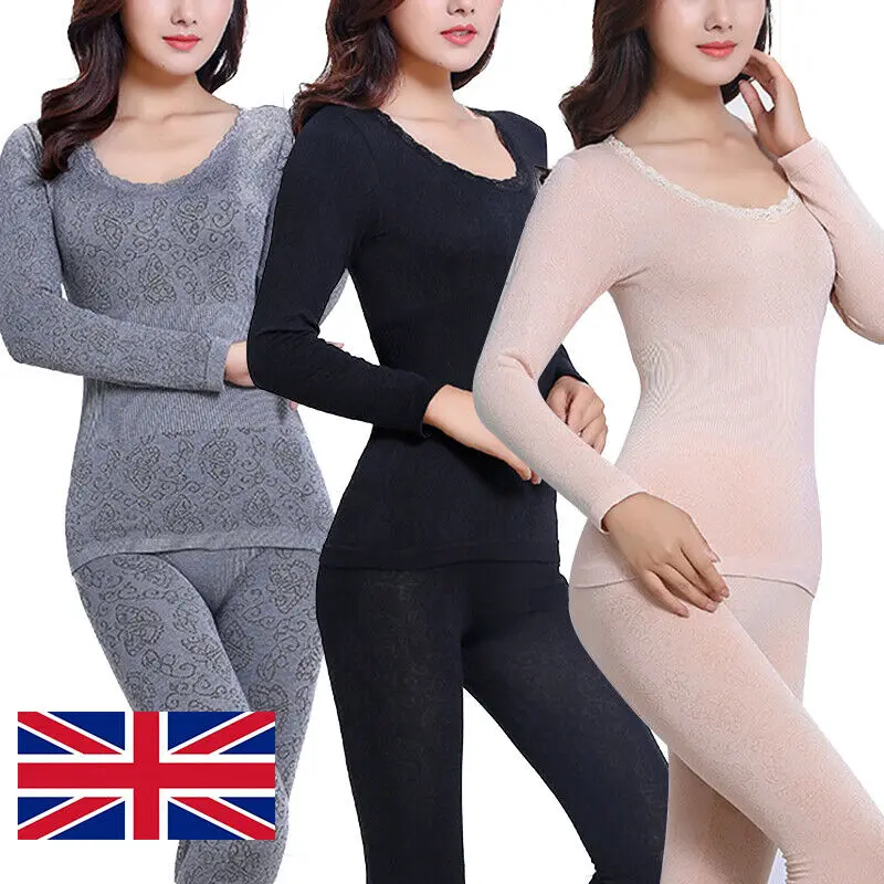 2Pcs Women Thermal Underwear T-Shirt Top+Long Pants Set Winter Warm Clothes UK