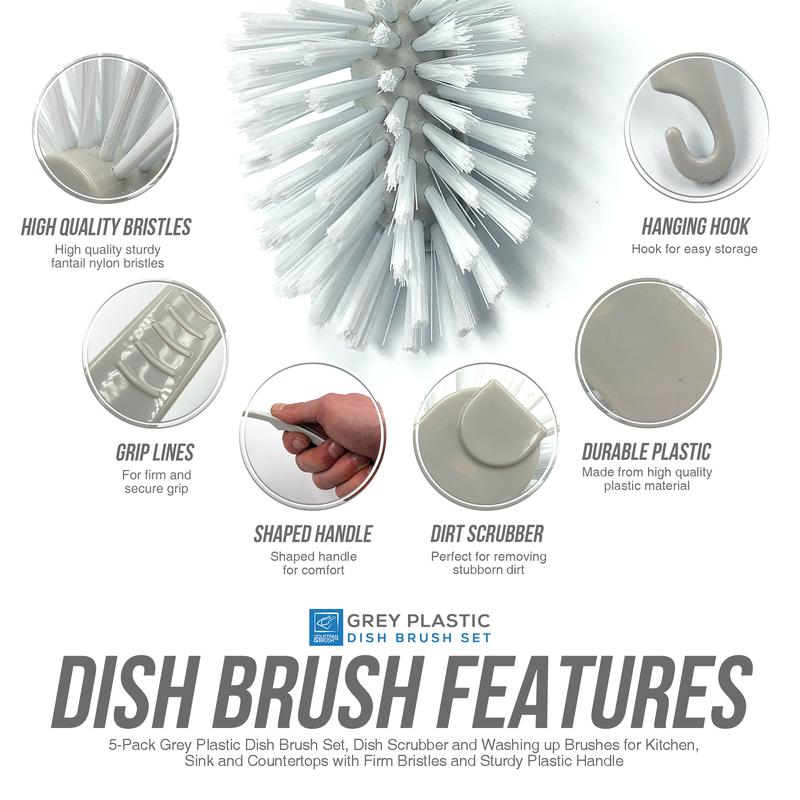 Pack of 5 Grey Plastic Dish Brushes  Dish Scrubber and Washing up Brush for Kitchen Sink with Firm Bristles and Sturdy Plastic Handle 1