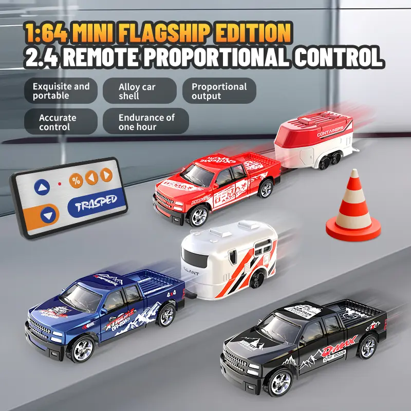1/64 Mini RC Drift Car, High Speed Alloy Off-Road Truck with Trailer, 2.4GHz Remote Control Toy, USB-C Charging, 3-Speed Modes, LED Lights, Indoor Outdoor Racing, Fun Birthday, Christmas Gift for Kids & Adults 2