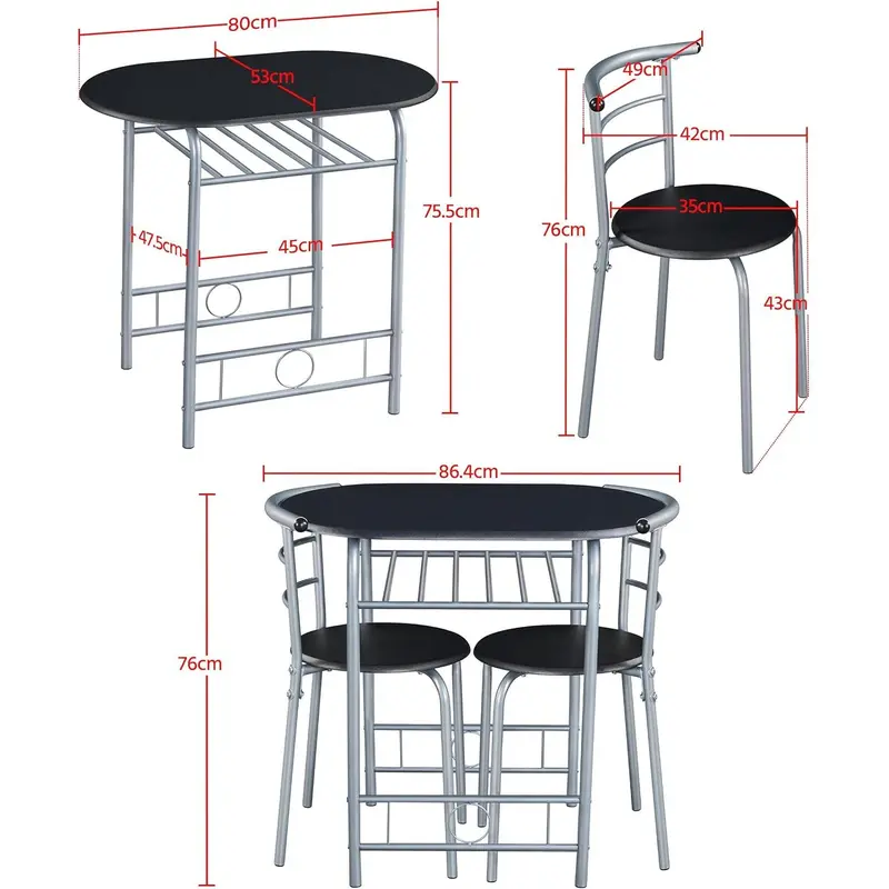 3 Piece Dining Table & Chairs Set, Compact Dining Room Set with Storage Shelf and Wine Rack, Modern Breakfast Bar Table Set for Kitchen/Apartments/Small Space, Black, 80x53x75.5cm 3