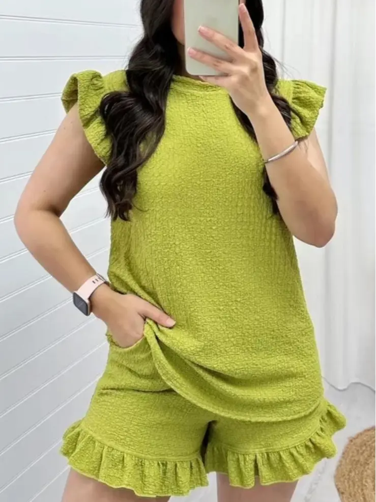 Women's Super Soft Pop Corn Materi Frill Sleeve Short 2PCS Co Ord Loungewear Sets