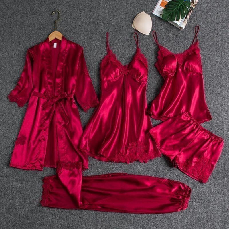 Product Introduction of 5PC Silk Robe Sleep Suit Womens Lace Satin Pajamas Gown Set V-Neck Cami Nighties Wear Pijama Home Nightwear Spring Nightdress 2