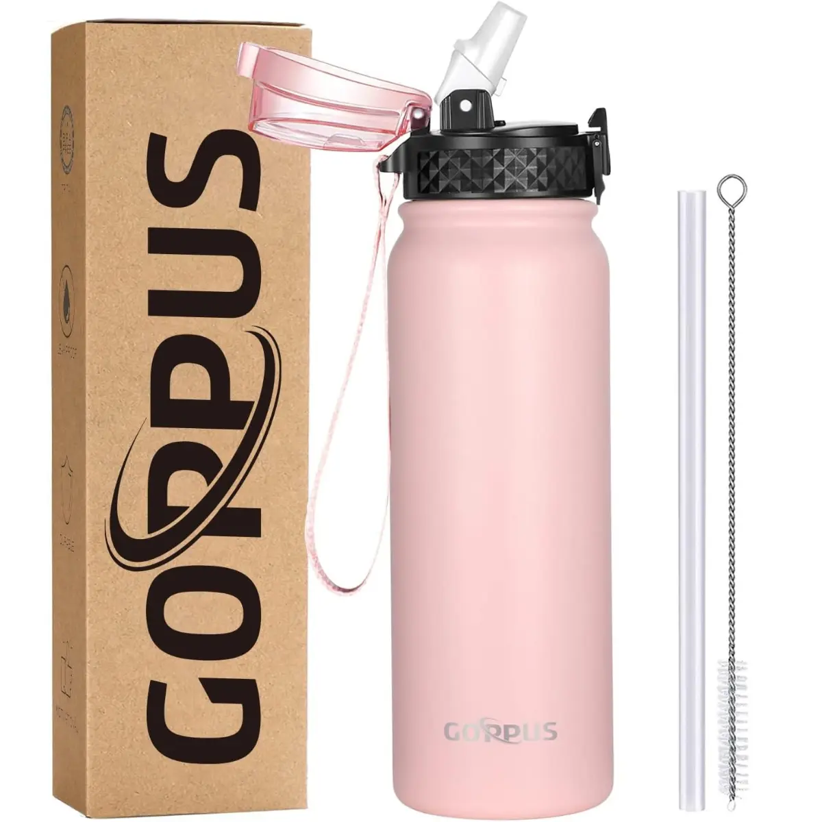 600ml/20oz Stainless Steel Water Bottle with Straw Insulated Sports Bottle Cold Flask with Straw Double Walled Flip up Metal Water Bottles Leakproof Water Bottle for Gym Sports Drinkware Bottled Tumbler Portable Mug Cup Reusable Washable