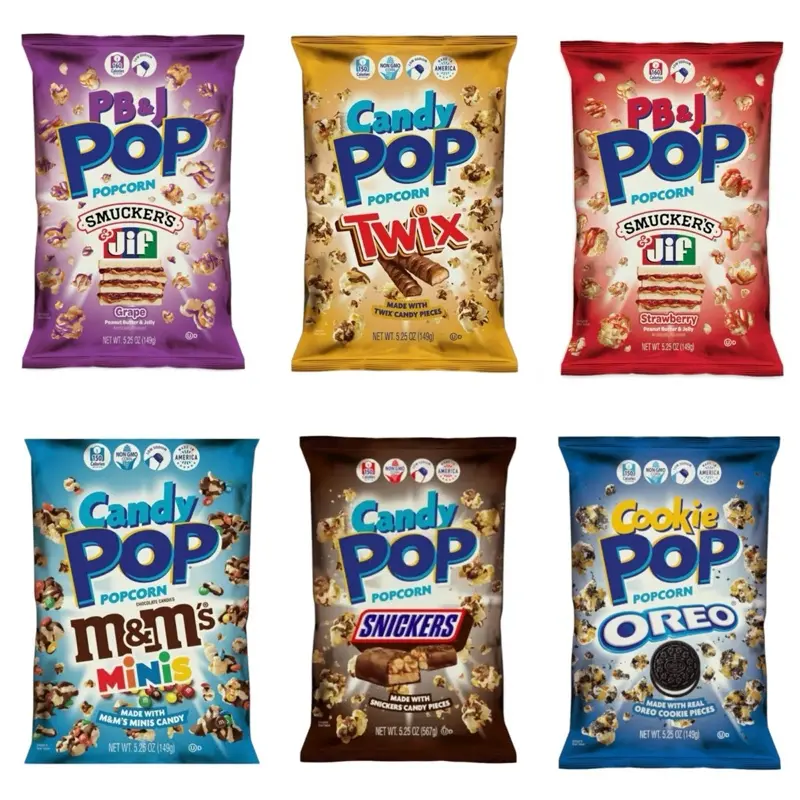 USA Popcorn Oreo, Twix or M&M’s, snickers or peanut butter & jelly flavours - Crispy Snack - 149g 0