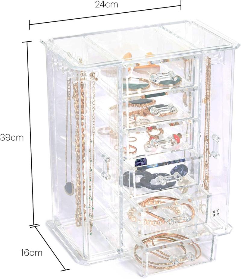 Product Introduction of Jewellery Stand, Acrylic Cosmetic & Jewellery Storage with 6 Drawers, 9 Necklace Hooks & 2 Side Compartments, Tabletop Plastic Jewellery Organiser for Rings, Earrings, Necklaces & Bracelet Boxes 1