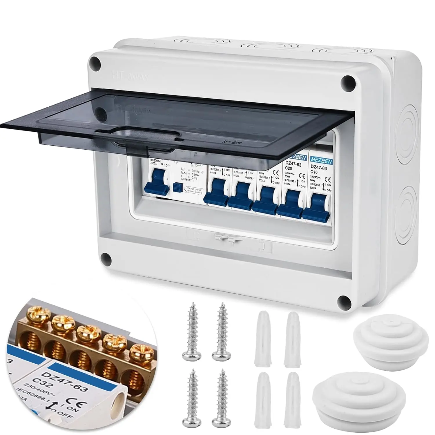 Consumer Unit Circuit Breaker: 4 Way Consumer Unit Circuit Breaker Panel IP65 Consumer Unit Anti-Leakage Fuse Box, for Garages Caravans Workshops, 63A 30mA RCD 4MCB 2x6A+10A+20A+32A