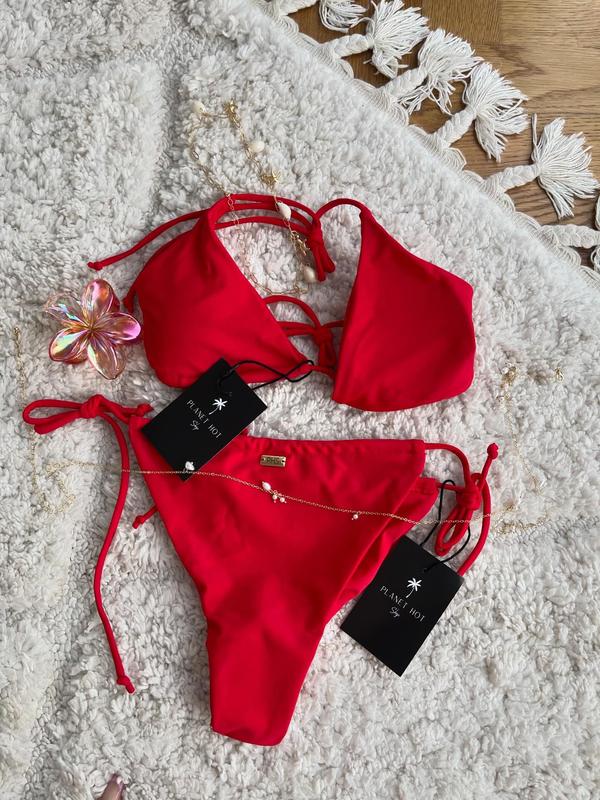 PHS Signature Bikini - Cherry Red - High Rise, Tie, Womenswear Swimwear for Ibiza Marbella Holiday, Gold Logo on Bum 2