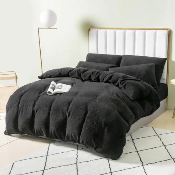 Ferry Homeware Teddy Fleece Duvet Set, Fluffy Fleece Bedding Duvet Cover Sets, Warm Luxury Super Soft Double Duvet Set with Pillow Cases, 100% Polyester Teddy Bear Bedding (Silver Grey) Machine Wash Stripes 3