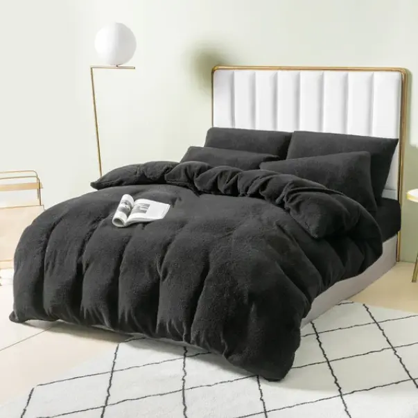 Ferry Homeware Teddy Fleece Duvet Set, Fluffy Fleece Bedding Duvet Cover Sets, Warm Luxury Super Soft Double Duvet Set with Pillow Cases, 100% Polyester Teddy Bear Bedding (Silver Grey) Machine Wash Stripes 3