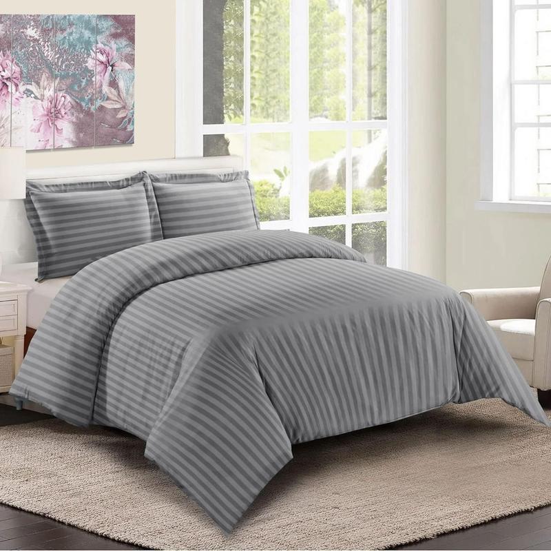 Satin Stripe Duvet Quilt Cover Bedding Set Single Double King Super-King Size W Pillowcases Microfiber Sleepdown Premium Hotel Quality Duvet Cover Set with Pillowcases Quilt Bedding Soft Easy Care Luxury Bed White Black Silver Cream Grey 5