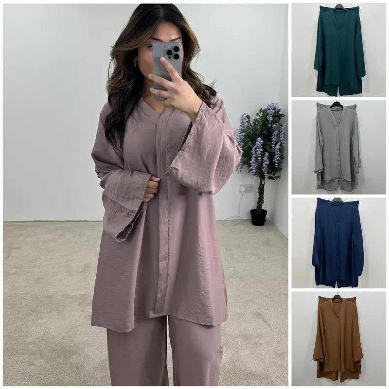 Women's V-Neck Flare Sleeves Linen Feel Two Piece Wide Sleeves, Wide Trouser Modestwear, Holiday Set,ModesstWear Womenswear Casual Comfortable Overalls 4