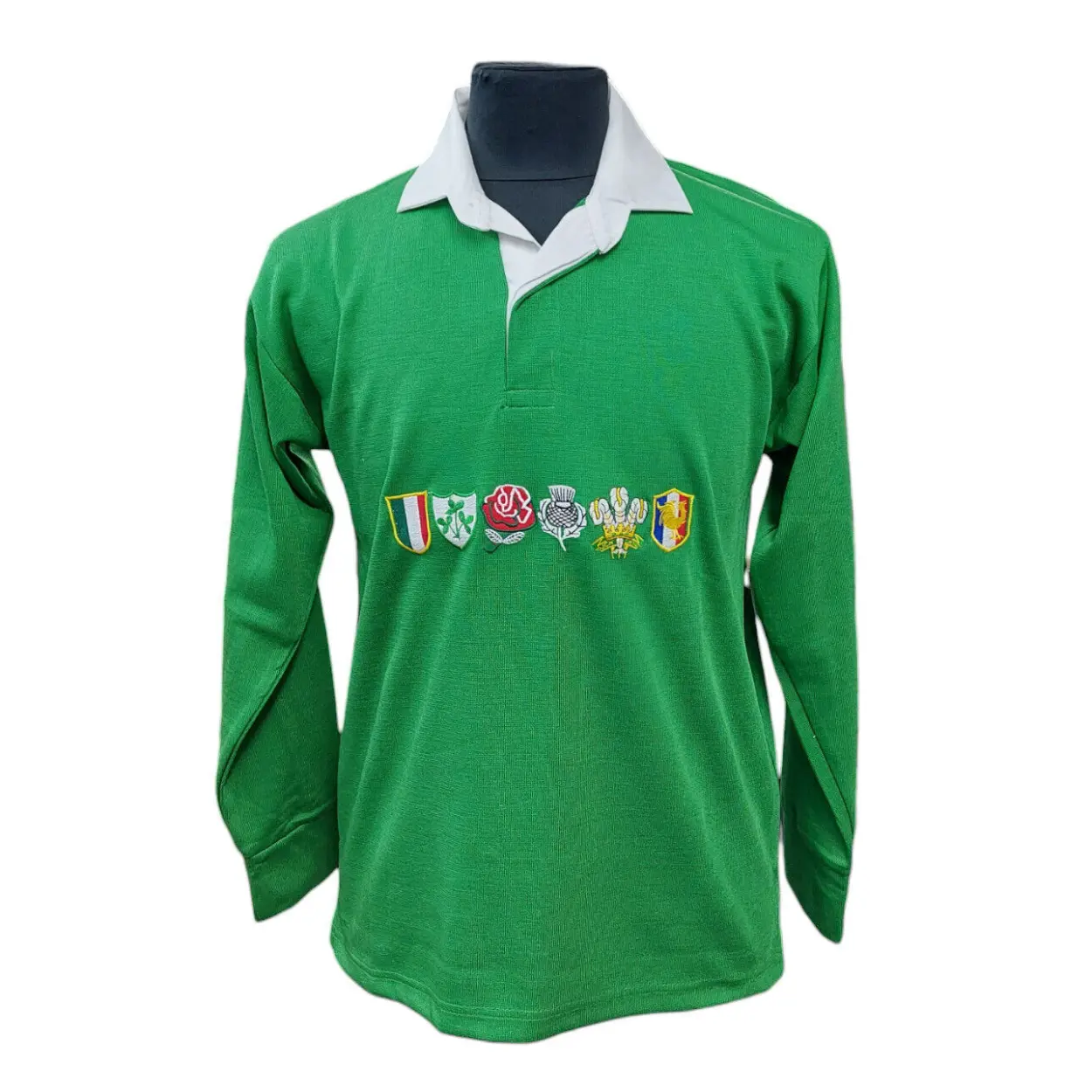 Green Six Nation Rugby shirt for men with Long sleeves and Embroidered Logo Casual Menswear Collar Polo Fashion Gym Soft Top Matching Polyester