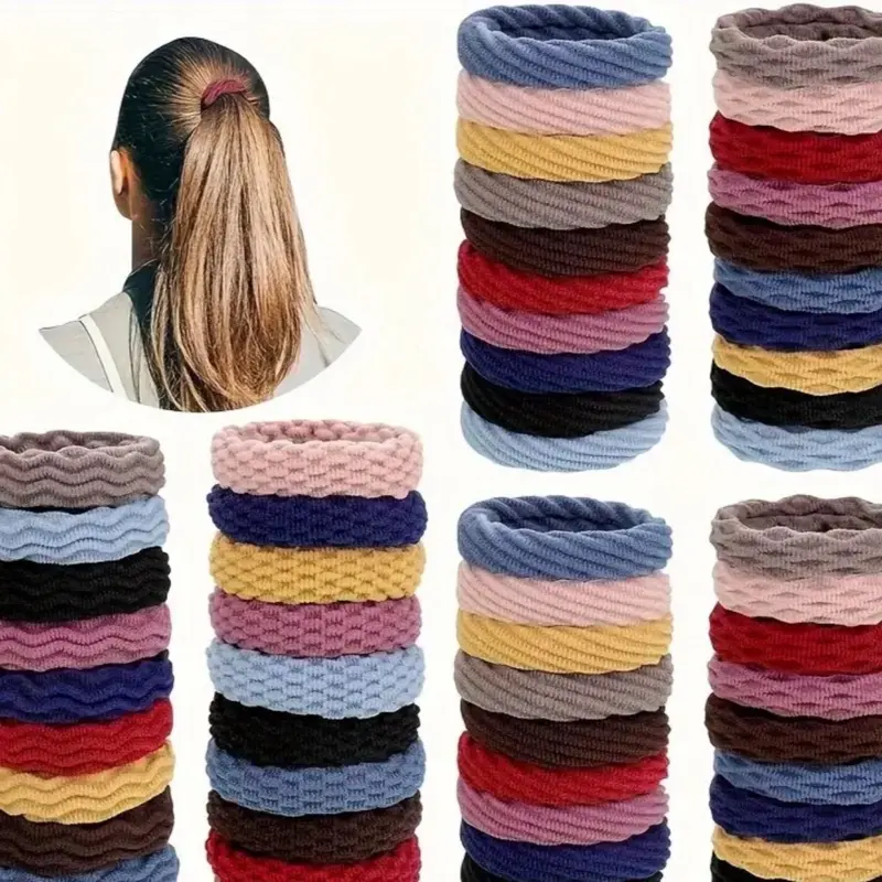 50Pcs Hair Ties - Seamless Elastic Hair Ties - Geometric Patterns, Thick & Stretchy, Gentle on Thick & Curly Hair - for Women with Ponytails - No Snags, Holds Strong, Assorted Colors - Style Without the Struggle