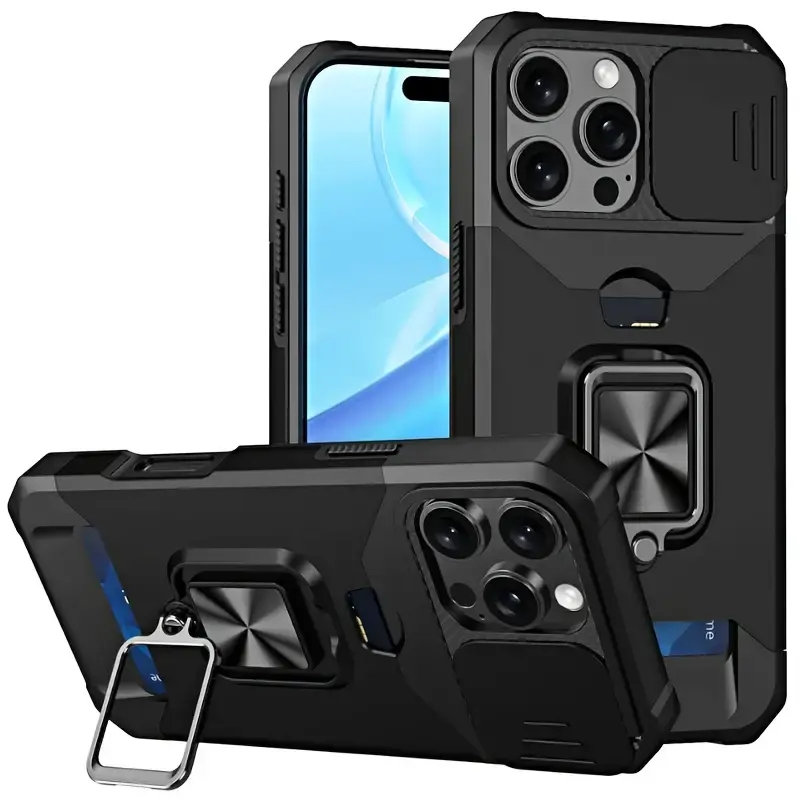 Heavy Duty Shockproof Case for iPhone 16 Pro Max, 15 Pro Max, 14 Pro Max with Metal Holder, Card Slot and Hard Shell Protection