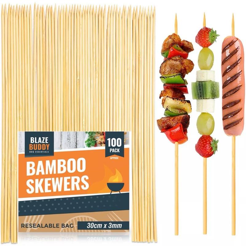 100 Bamboo Skewers BBQ 30cm 12" Kebab Fruit Chocolate Fondue Grill Wooden Stick Barbecue Utensils 1