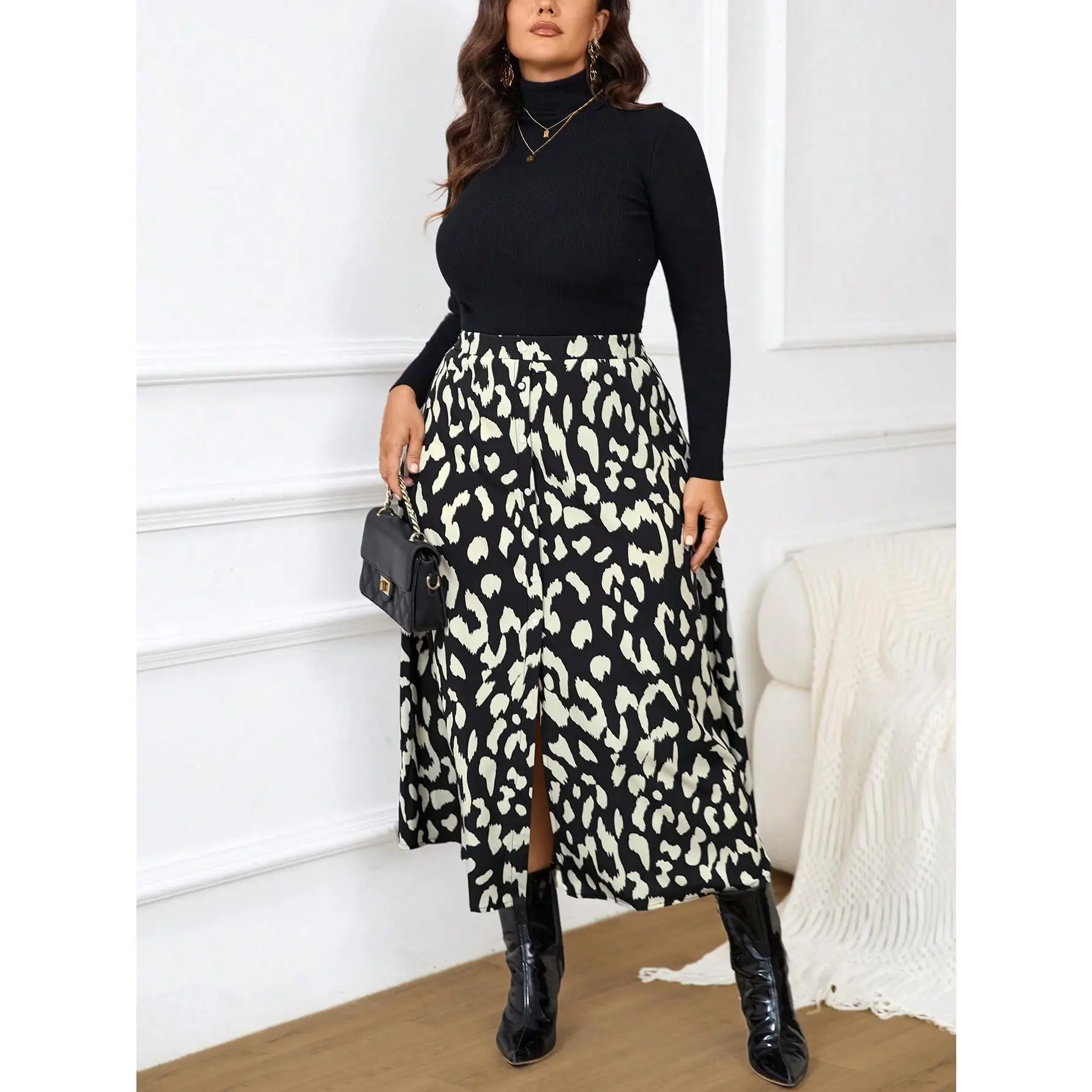 Frenchy Casual Leopard Print Long Loose Bridgerton Style Plus Size A-Line Skirt Fabric Fit