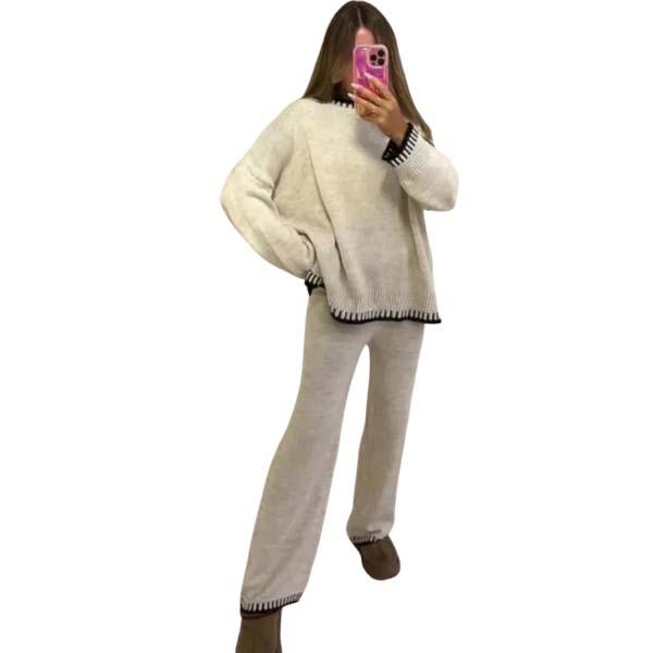 Ladies Knitted Stitched Wide Leg 2PCS Co-ord Suit Sweater Loungewear Set Casual Womenswear Overalls Comfort Long Sleeve Basic Clothing Minimalist 6