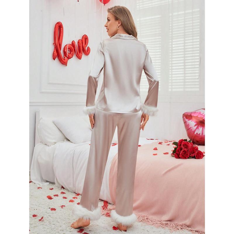 2025 New Women's Satin Plush Patchwork Pajama Set Valentine's Day 5