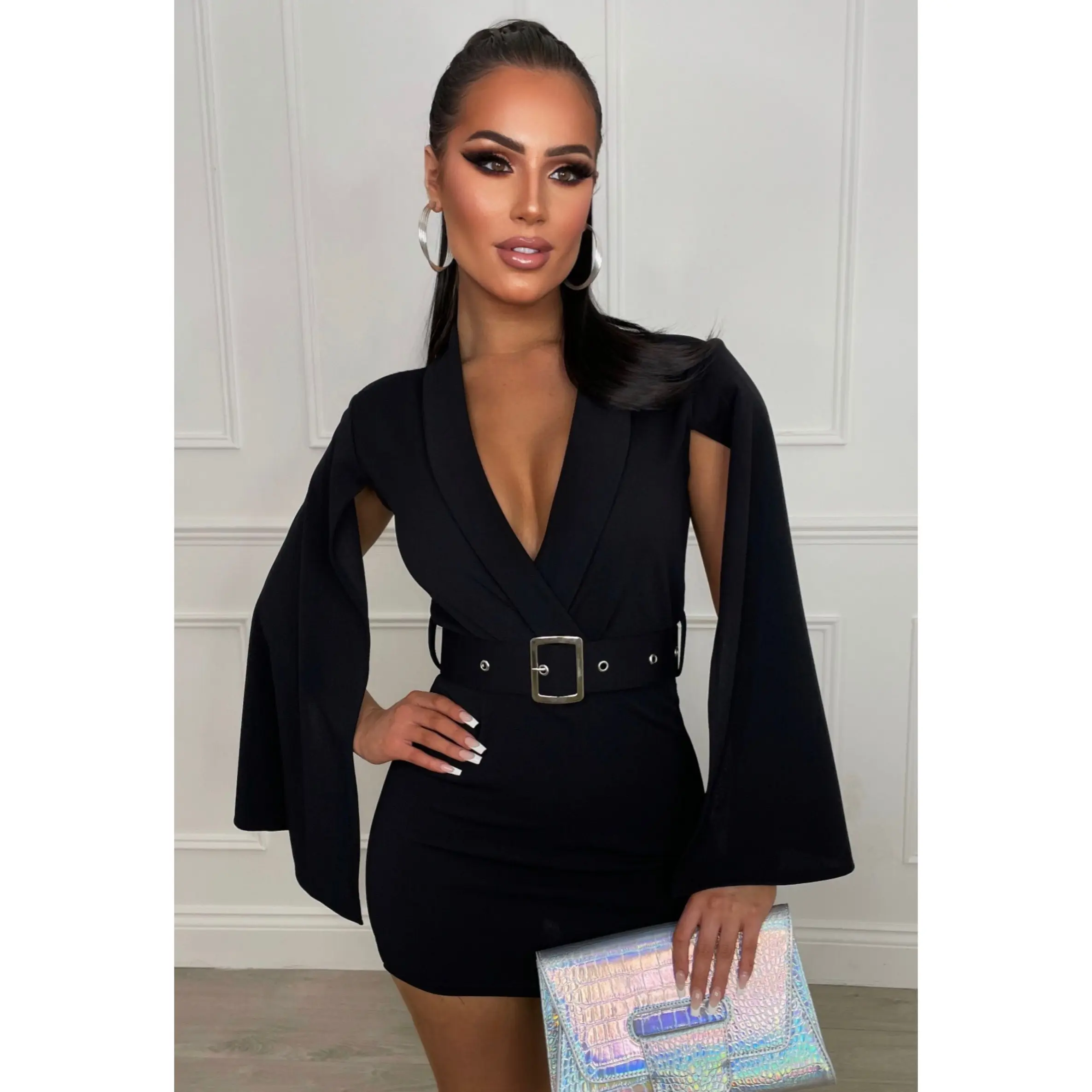 Bold Moves Black Drape Sleeve Belted Playsuit