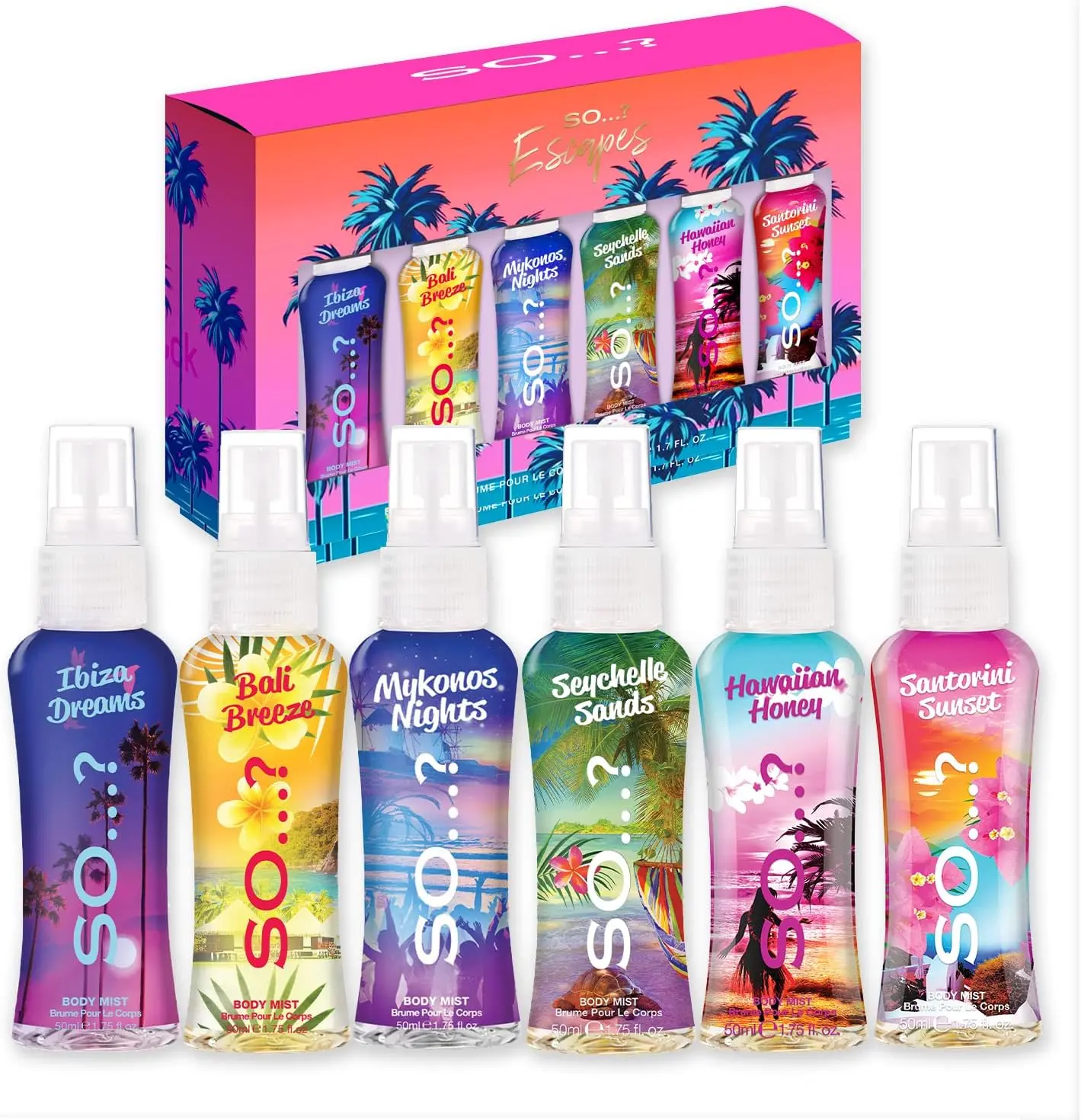 So…? Escapes Grande Womens Gift Set with Ibiza Dreams, Bali Breeze, Mykonos Nights, Santorini, Seychelle Sands, Hawaiian Honey, Body Mist Fragrance Spray Set (6 x 50ml.)§