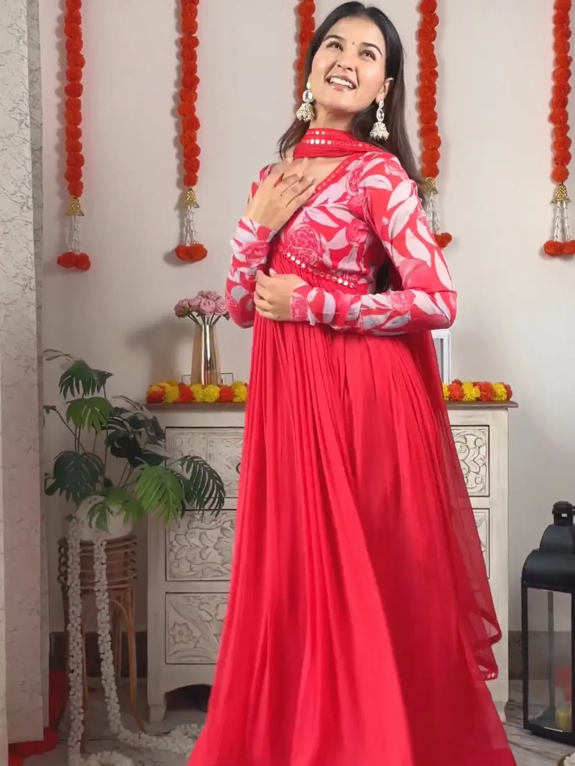 Pink Digital Printed Anarkali Gown With Dupatta for Women, Full Sleeve Georgette Top with Embroidery Lace Work, Anarkali Gown