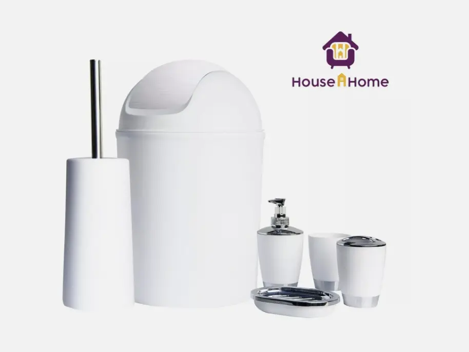 6pc Bathroom Accessories Set Bin Soap Dispenser Toothbrush Tumbler Toilet Brush White