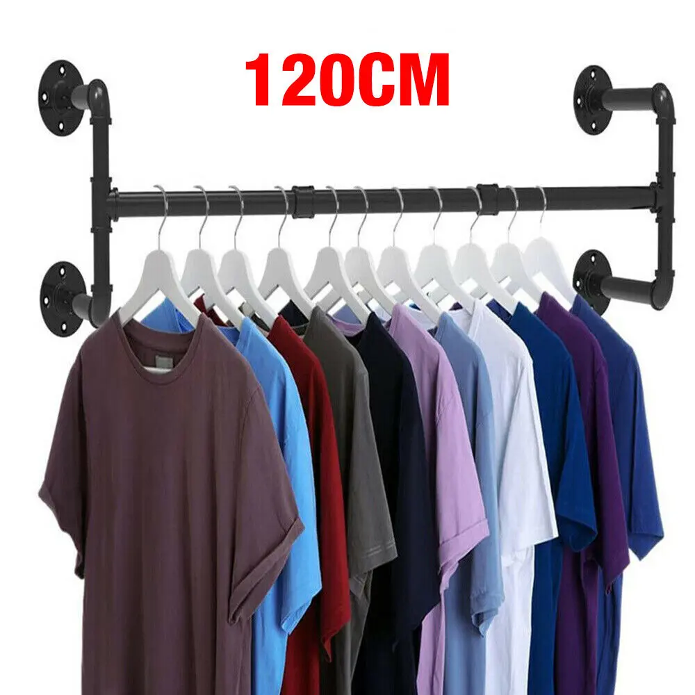 GoDyna   Wall Mounted Clothes Rail 120 * 29 * 25cm Industrial Pipe Hanger Towel Rack Vintage Garment Bar Heavy Duty Wall Rail for Clothing Rod Hanging Display Holder for Bedroom Laundry Black