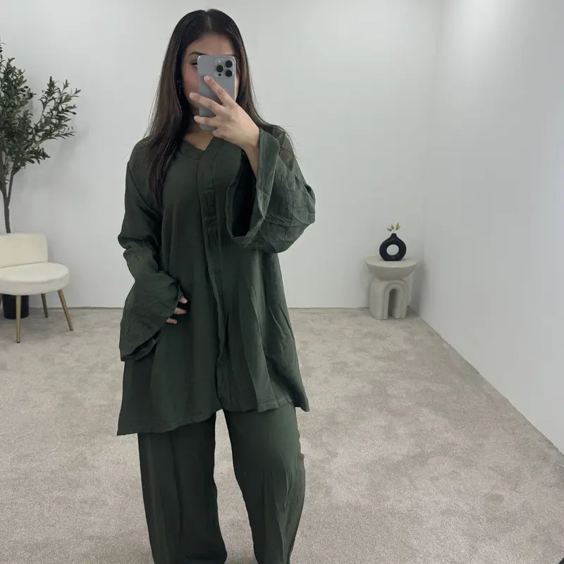 Women's V-Neck Flare Sleeves Linen Feel Two Piece Wide Sleeves, Wide Trouser Modestwear, Holiday Set,ModesstWear Womenswear Casual Comfortable Overalls 3