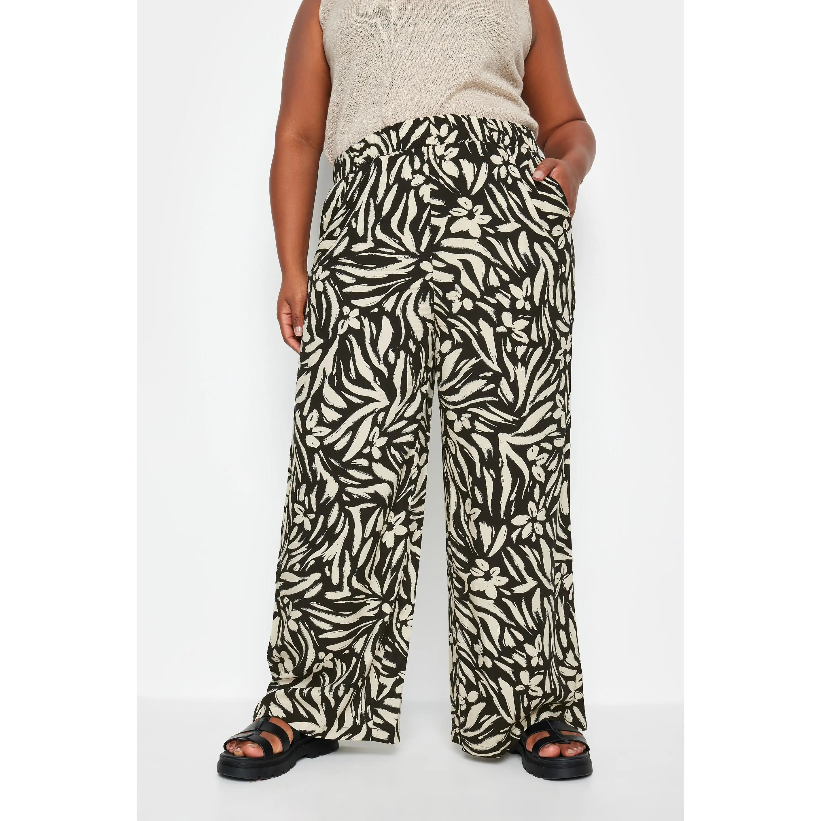 YOURS Curve Black Floral Print Wide Leg Trousers